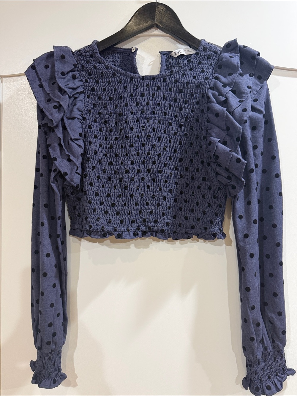 Zara Navy Polka Dot Smocked Ruffle Long-Sleeve Top